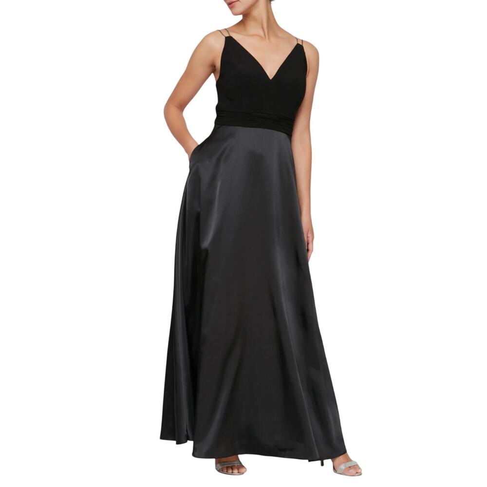 Alex Evenings Black Evening Gown Satin Beaded Strap A-Line Formal Dress Size 6